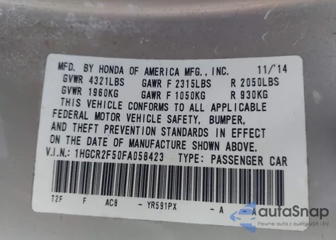 2015 Honda Accord Sport из США, поврежденный, VIN 1HGCR2F50FA058423